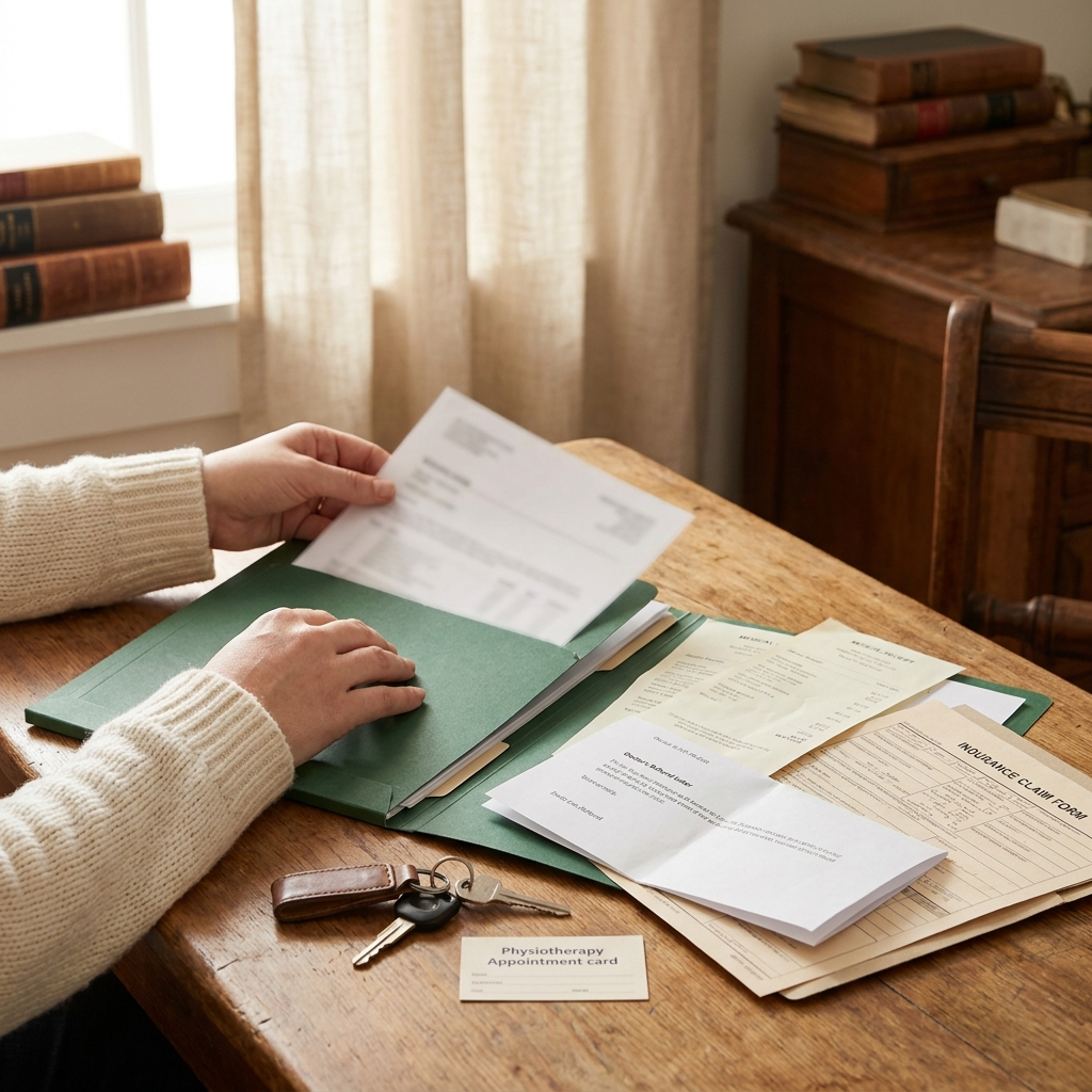 Medical receipts, a referral letter and a CTP claim form being filed in a green folder beside a set of car keys