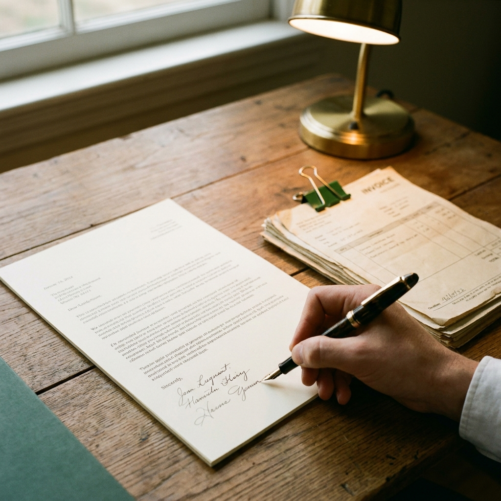 A letter of demand being signed beside a stack of unpaid invoices