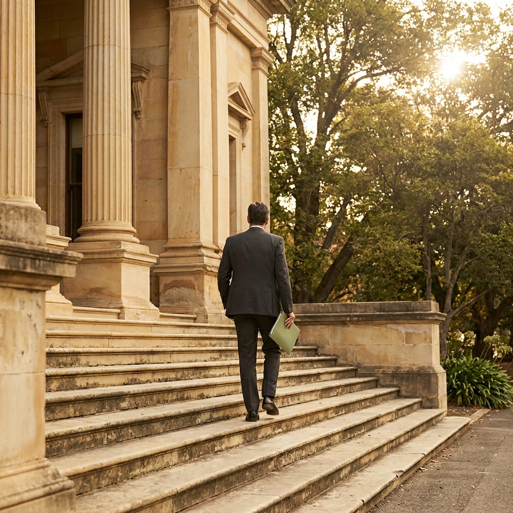 A person carrying a green document folder up the sandstone steps of a court building