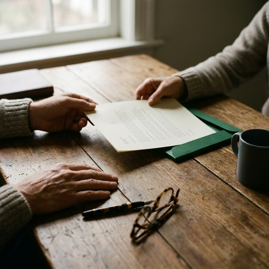 A settlement offer being passed across a table during a negotiation