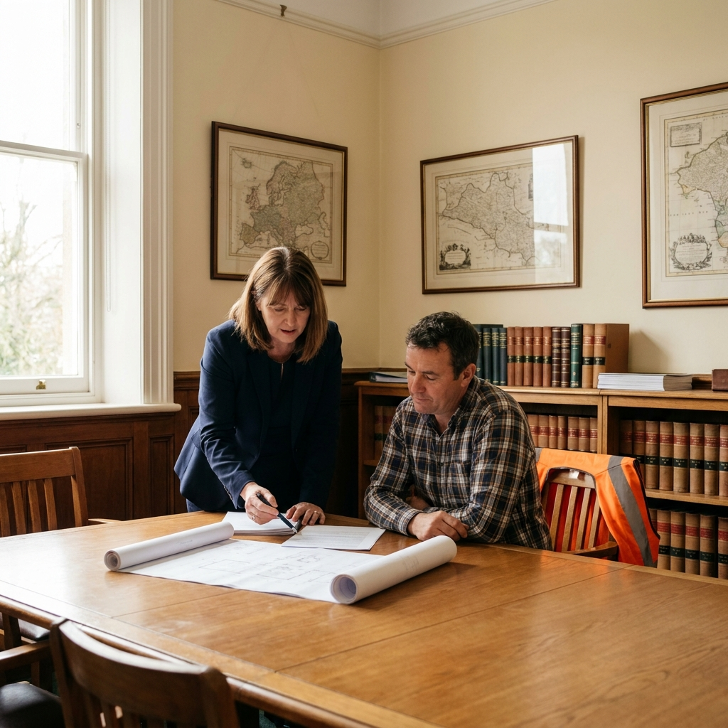 A builder and a lawyer reviewing a building contract and house plans together