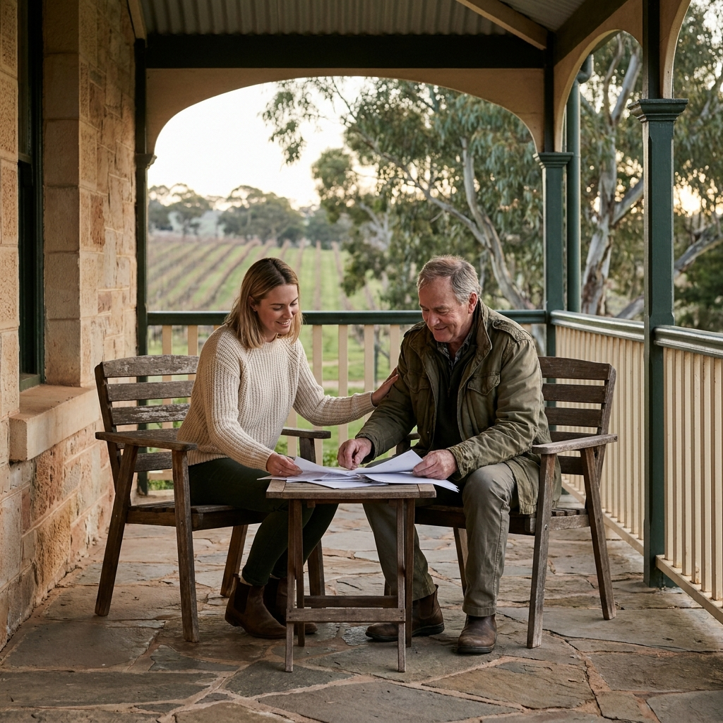 An adult daughter and her father reviewing estate planning documents together on a country verandah