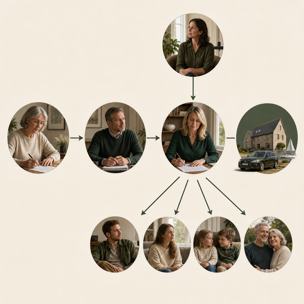 Diagram of will-maker, trustee, appointor and beneficiaries in a testamentary trust