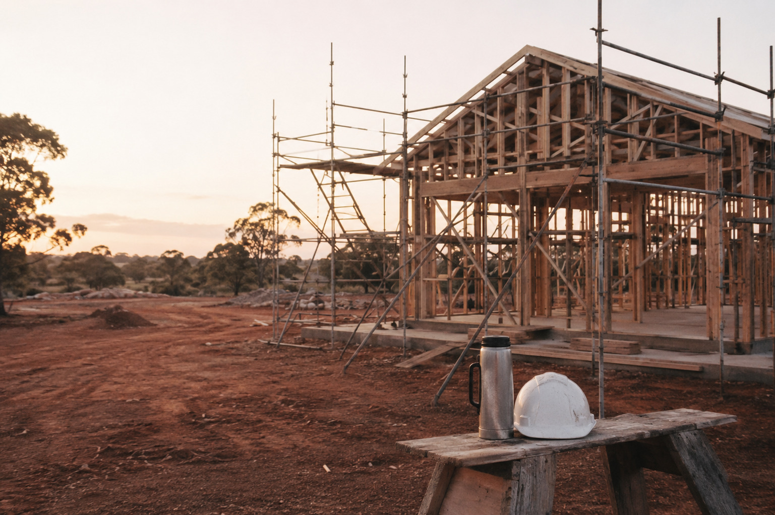 A country building site at dawn, no workers yet