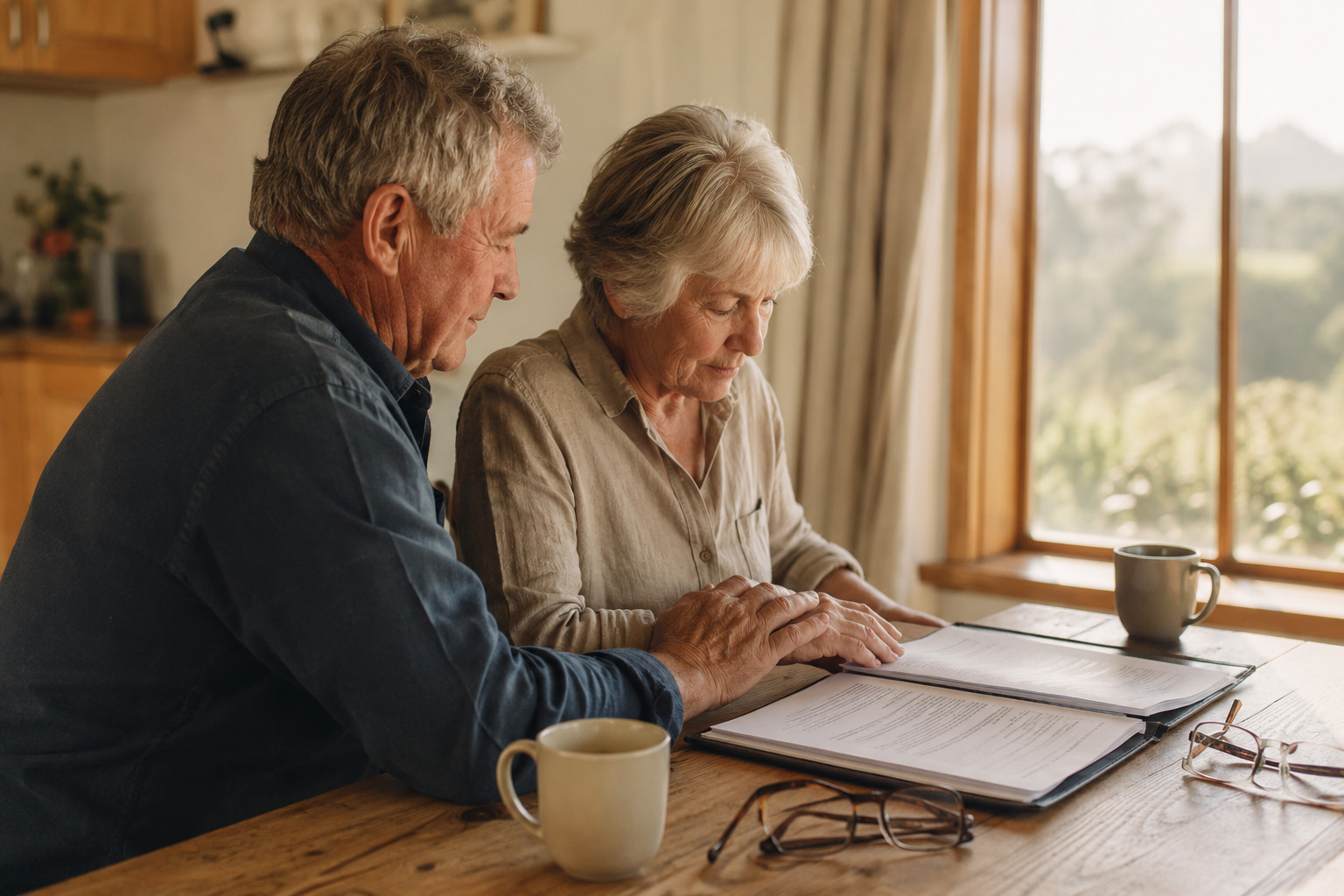 An older Australian couple sitting at a kitchen table with paperwork