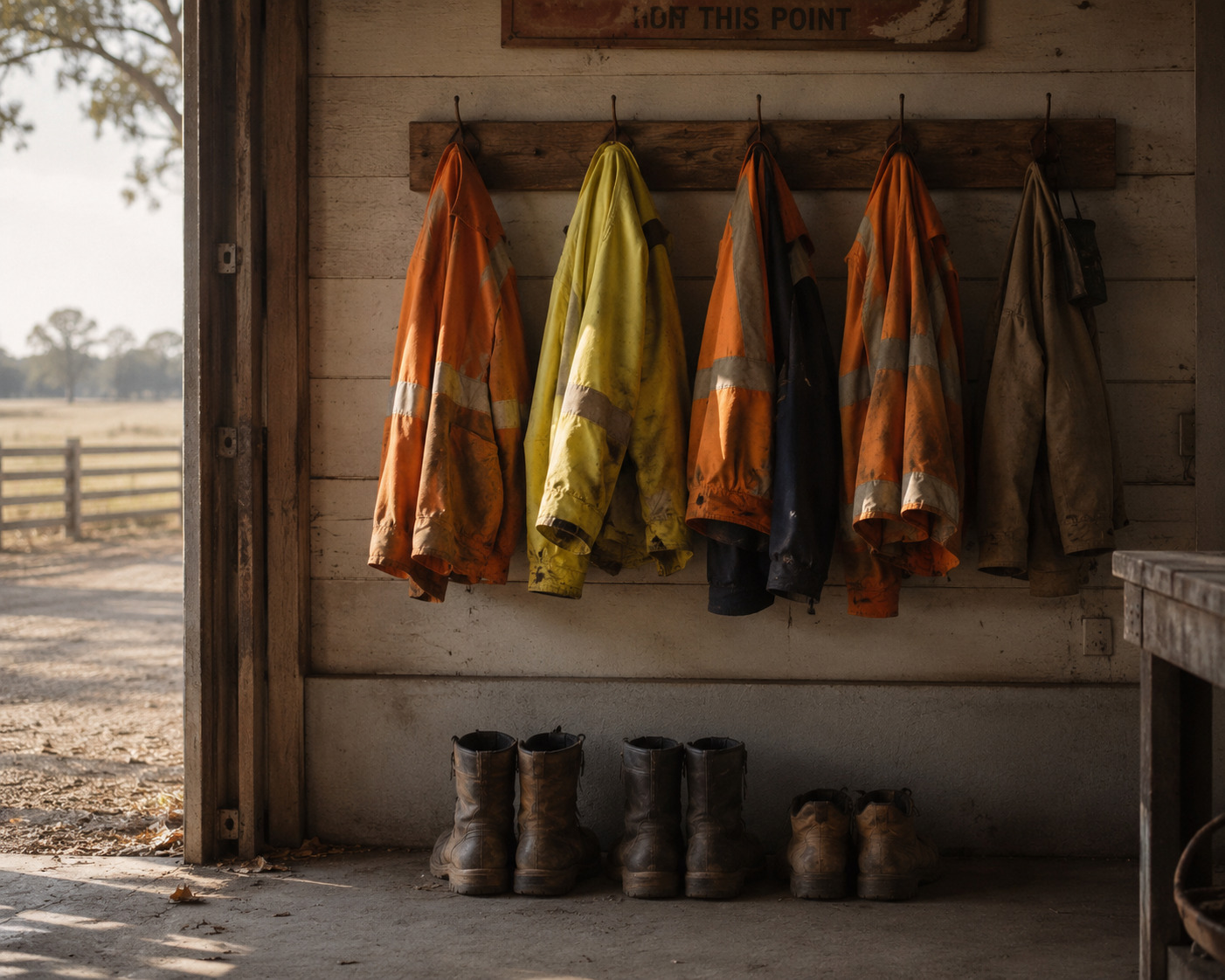 A row of high-vis work jackets on timber hooks inside a workshop