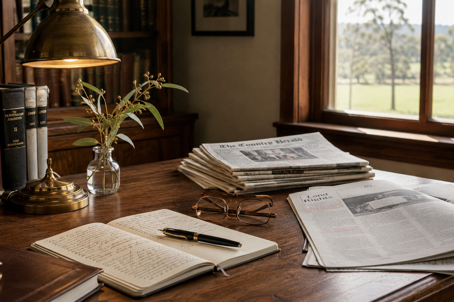 A writing desk by a window in late afternoon light