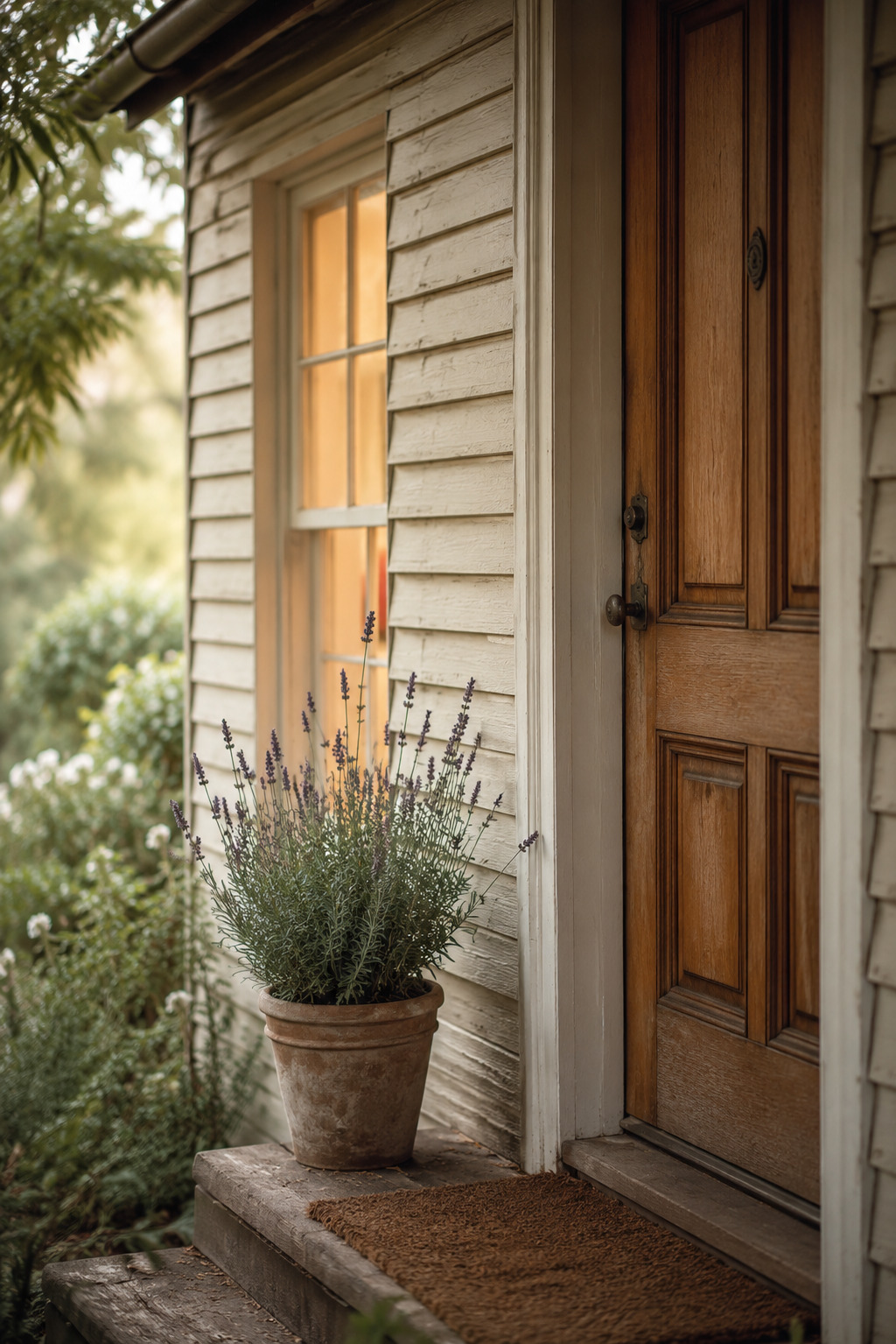 A closed timber front door, soft light glowing from inside