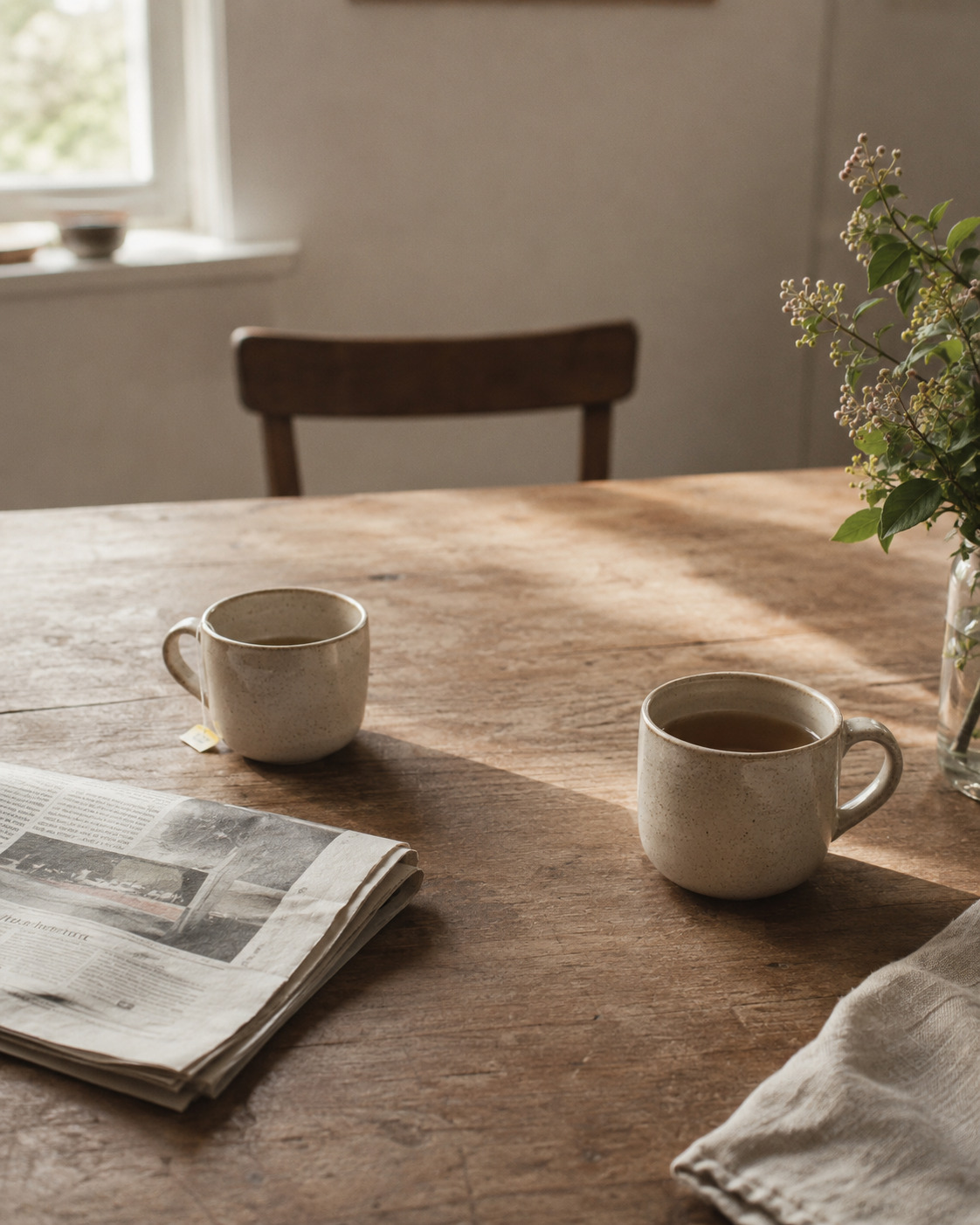 A quiet kitchen scene: two mugs of tea, one untouched